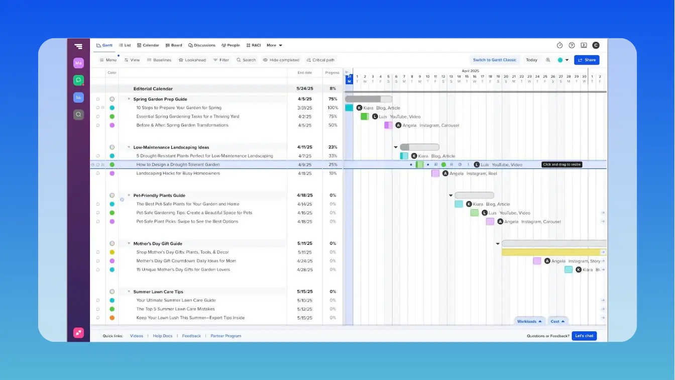 An example of a gantt chart for content marketing that's structured with task groups for each topical theme and task groups representing each topic or piece of content that will be published. The timeline shows the date of publication for each content piece on the calendar, and the tasks are color-coded based on content type or format.